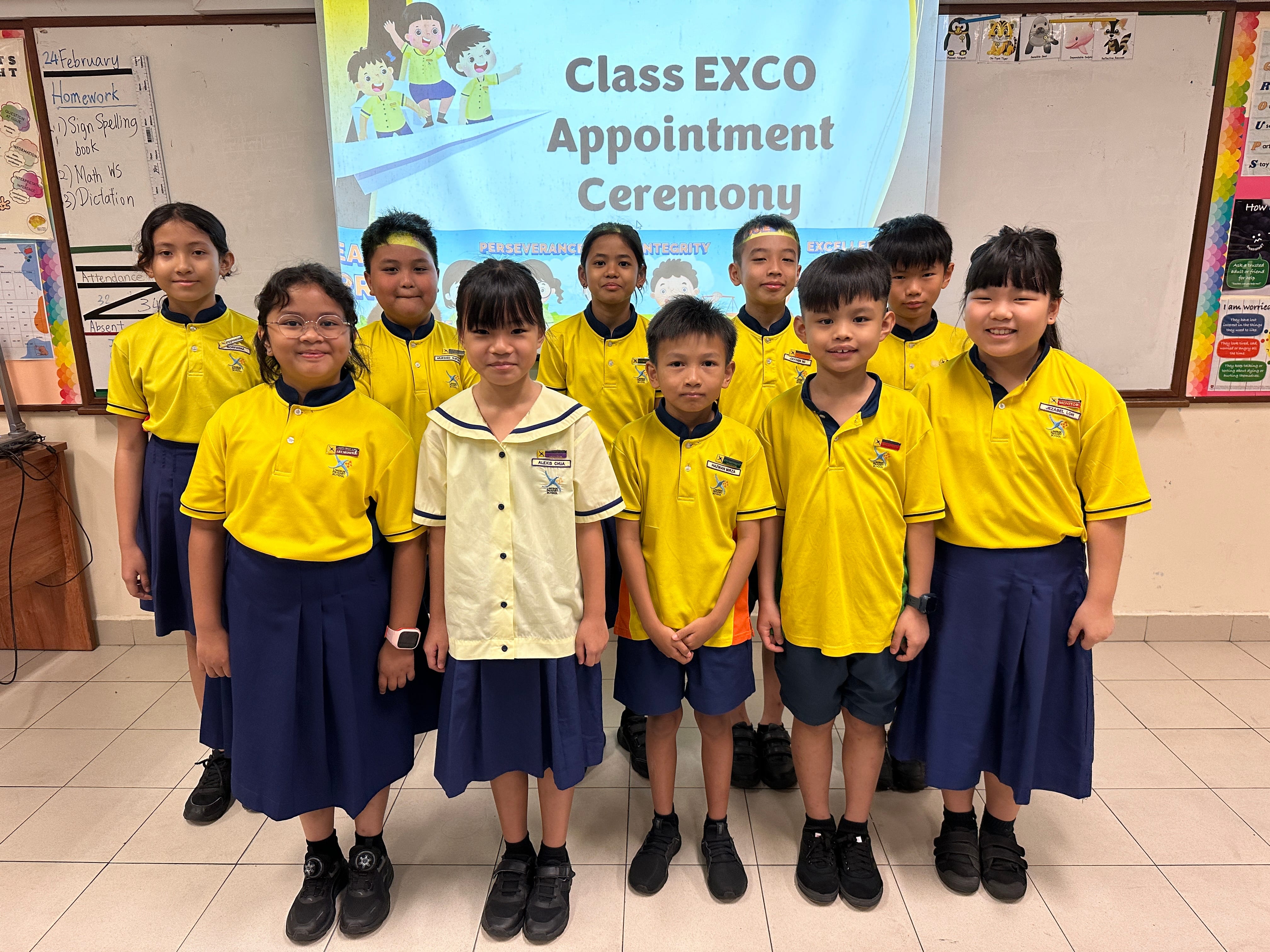 Students in yellow uniforms pose in two classroom photos for Class EXCO Appointment Ceremony and L-PRIDE Pledge events.